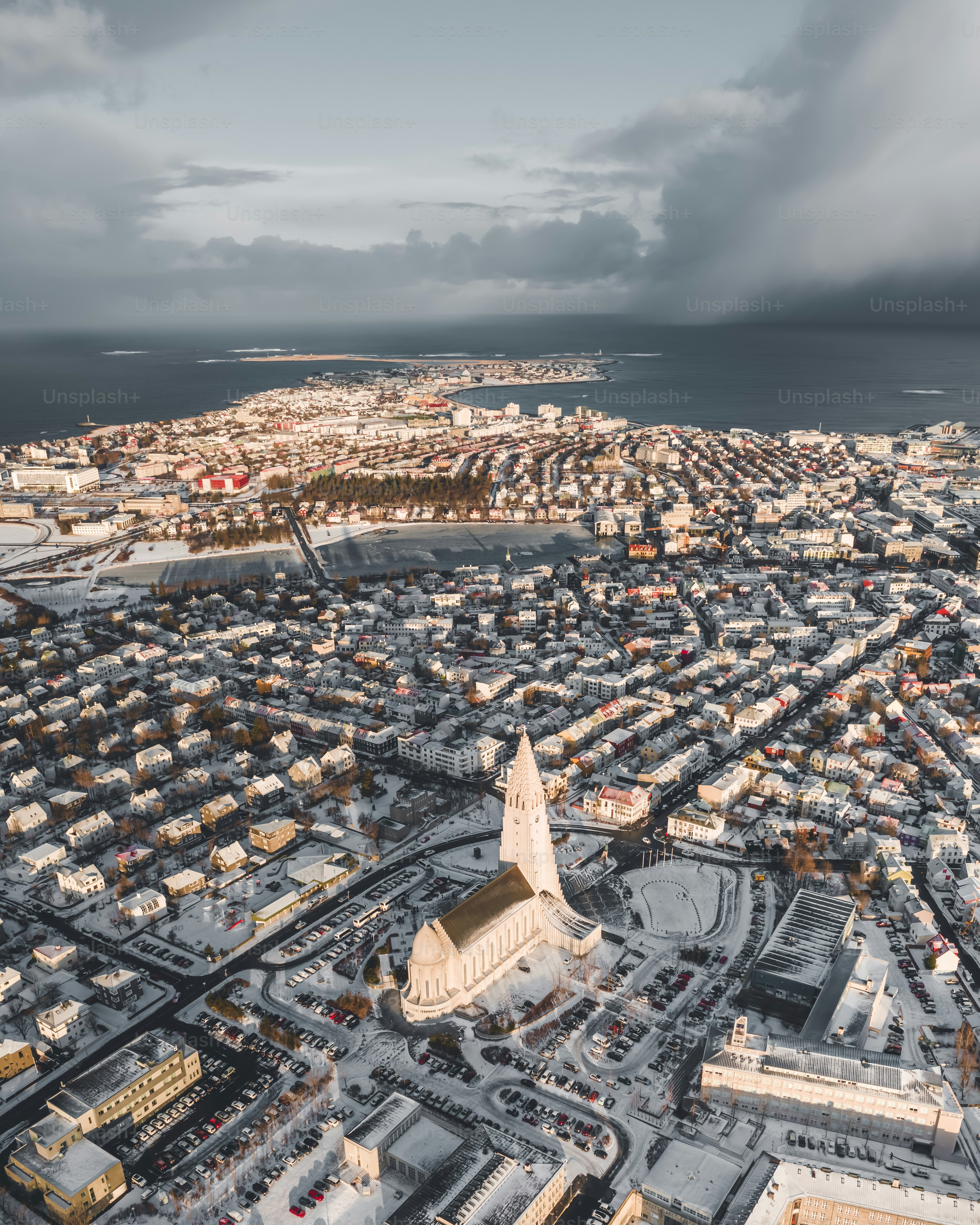 An aerial view of the Reykjavik cityscape in Iceland