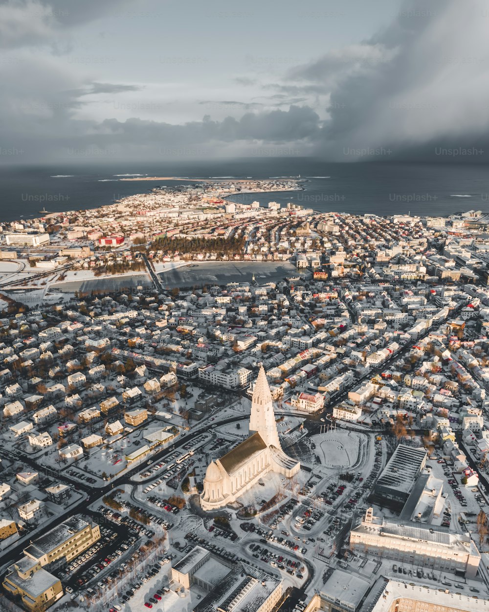 An aerial view of the Reykjavik cityscape in Iceland