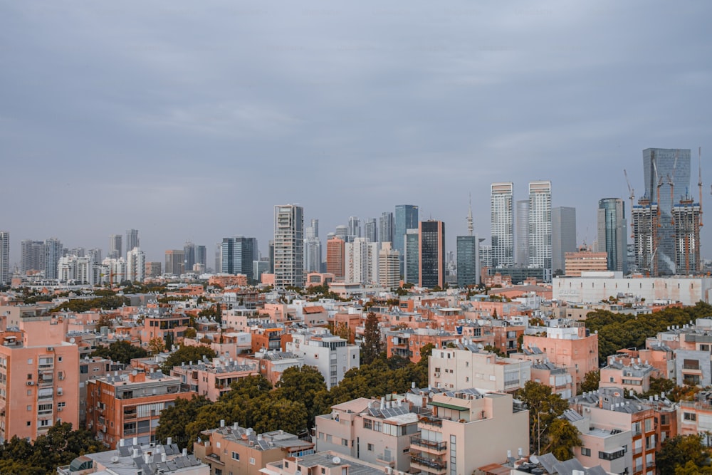 An aerial view of a developed and modern Tel Aviv City in Israel featuring a spectacular skyline of countless towering buildings.