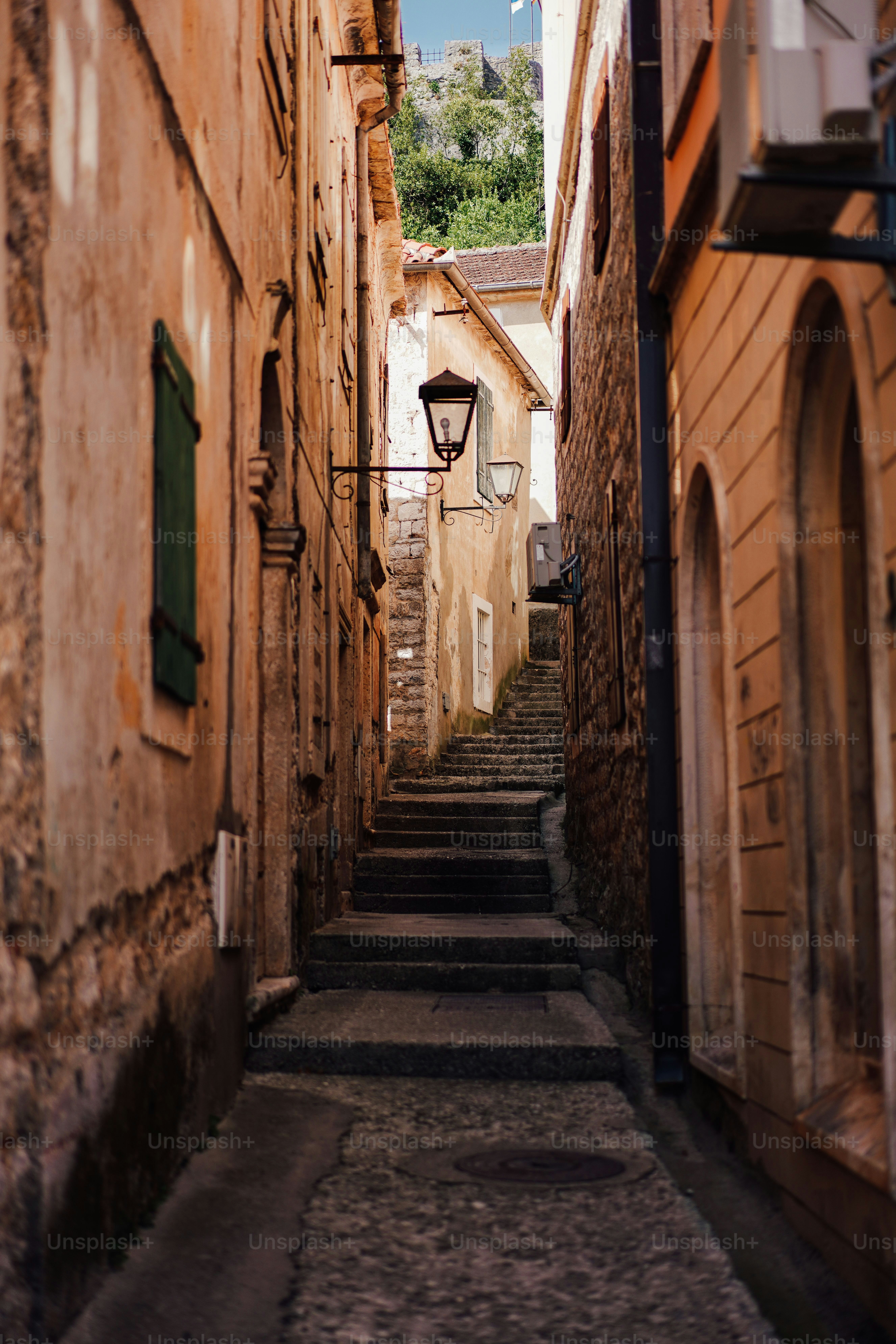 A scenic pathway through a stone alley with stairs in Herceg Novi, Montenegro