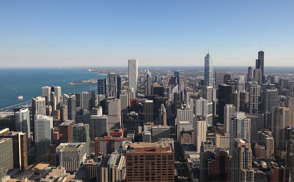 A scenic view of the skyline of Chicago, Illinois in the USA under a clear sky