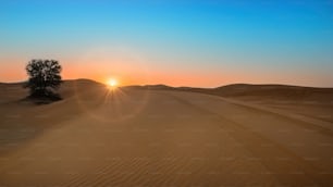 Beautiful Sunrise at desert including sand pattern with sun and shine and ring
