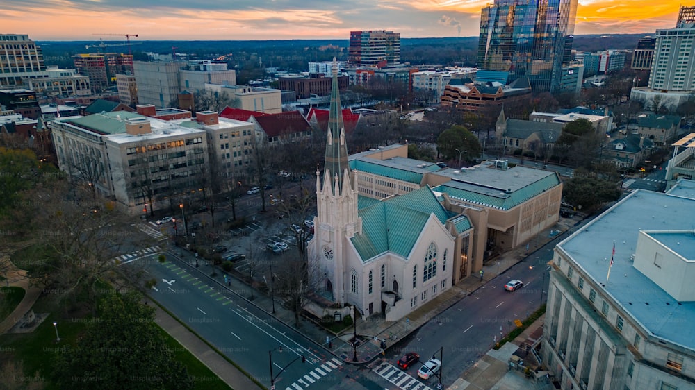 Vista aérea de la Primera Iglesia Bautista de Raleigh, Carolina del Norte