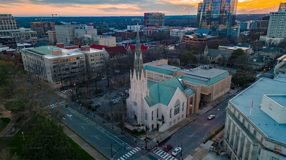 An aerial view of First Baptist Church of Raleigh, North Carolina
