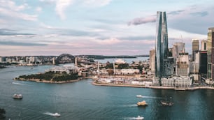 A bird's eye view of the Sydney Habor with a background of the Harbor Bridge in Barangaroo, Australia