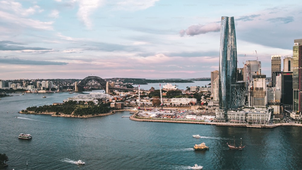 A bird's eye view of the Sydney Habor with a background of the Harbor Bridge in Barangaroo, Australia