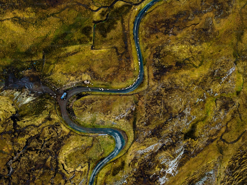 An aerial shot of a winding river flowing through a lush green landscape with an array of rocks, trees and other vegetation