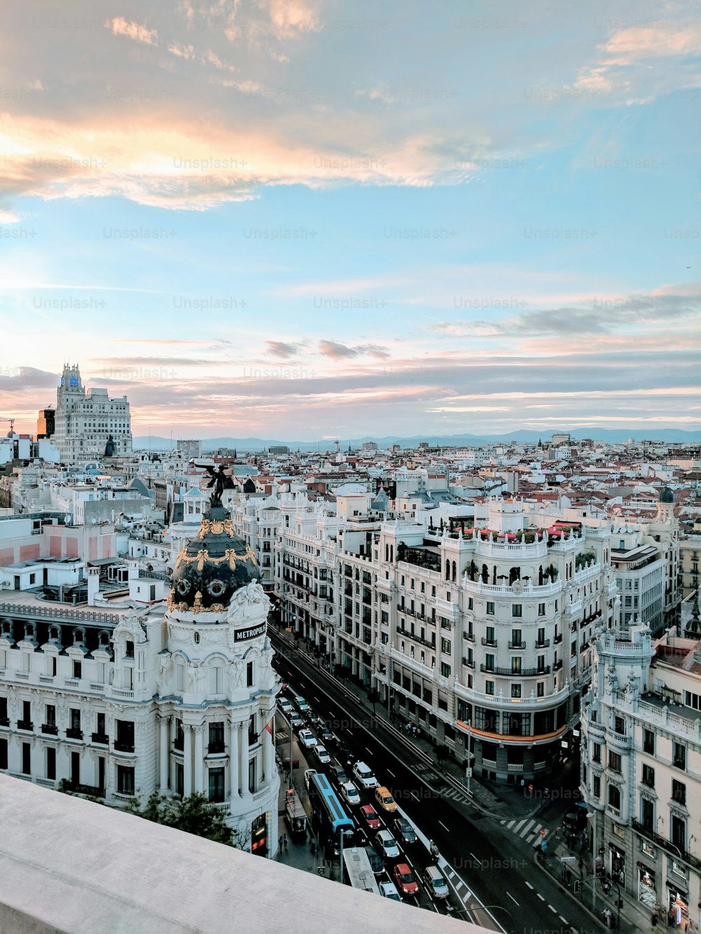 An aerial view of Gran Via street at dawn in Madrid, Spain