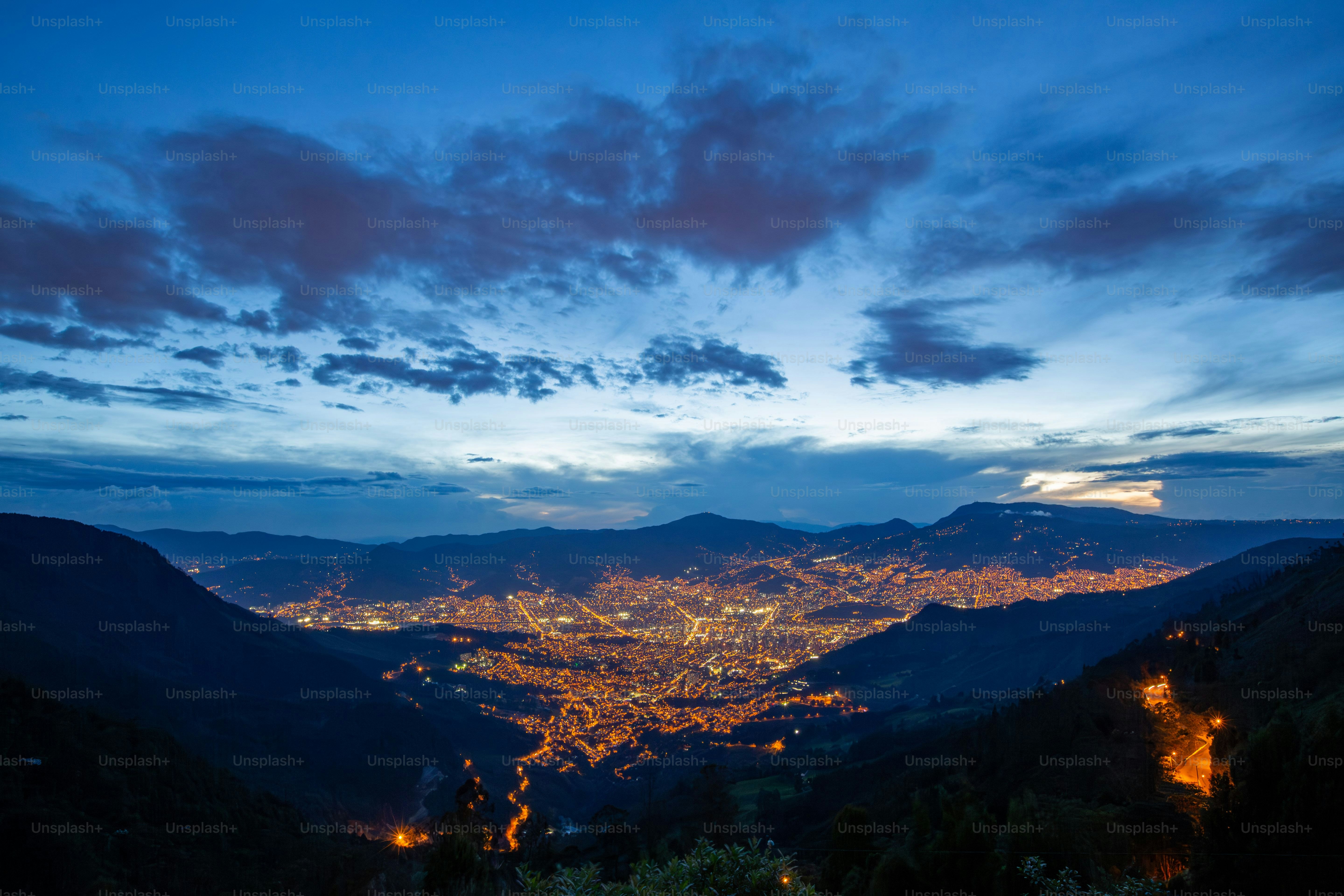 An aerial view of a city skyline at night, Medellin, Antioquia, Colombia