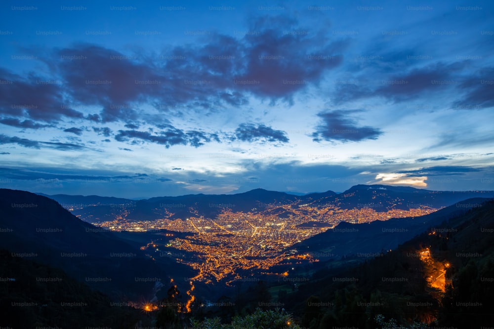 An aerial view of a city skyline at night, Medellin, Antioquia, Colombia
