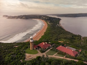 An aerial view of the Barrenjoey Lighthouse in the evening in Pittwater, Australia