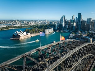 An aerial view of the Sydney shoreline with the iconic Sydney Opera House and Sydney Harbour Bridge crossing the picturesque harbor