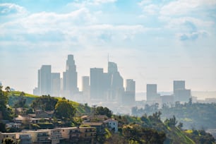 An aerial view of the beautiful Los Angeles skyline in the morning fog