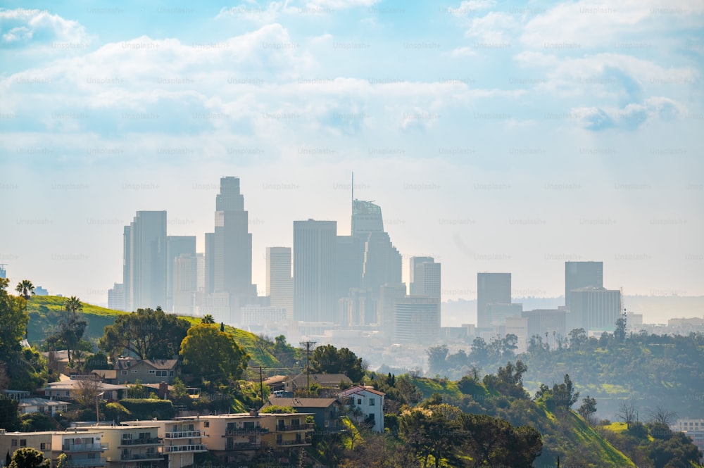 An aerial view of the beautiful Los Angeles skyline in the morning fog