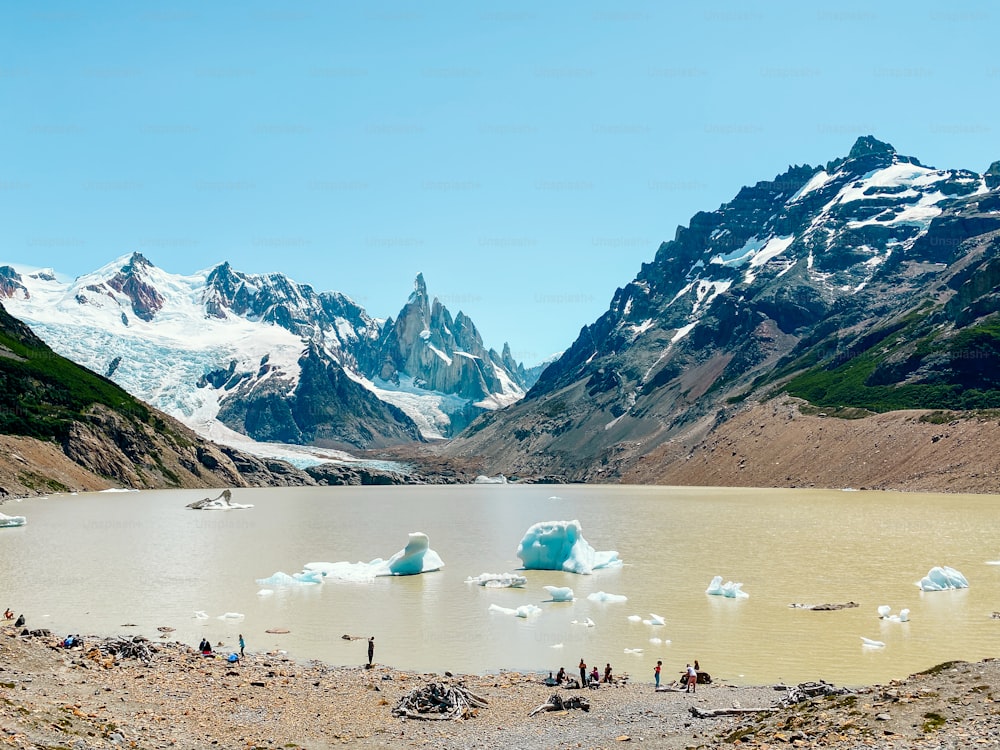 A beautiful view of icebergs beach and Cerro Torre viewpoint in El Chalten, Argentina