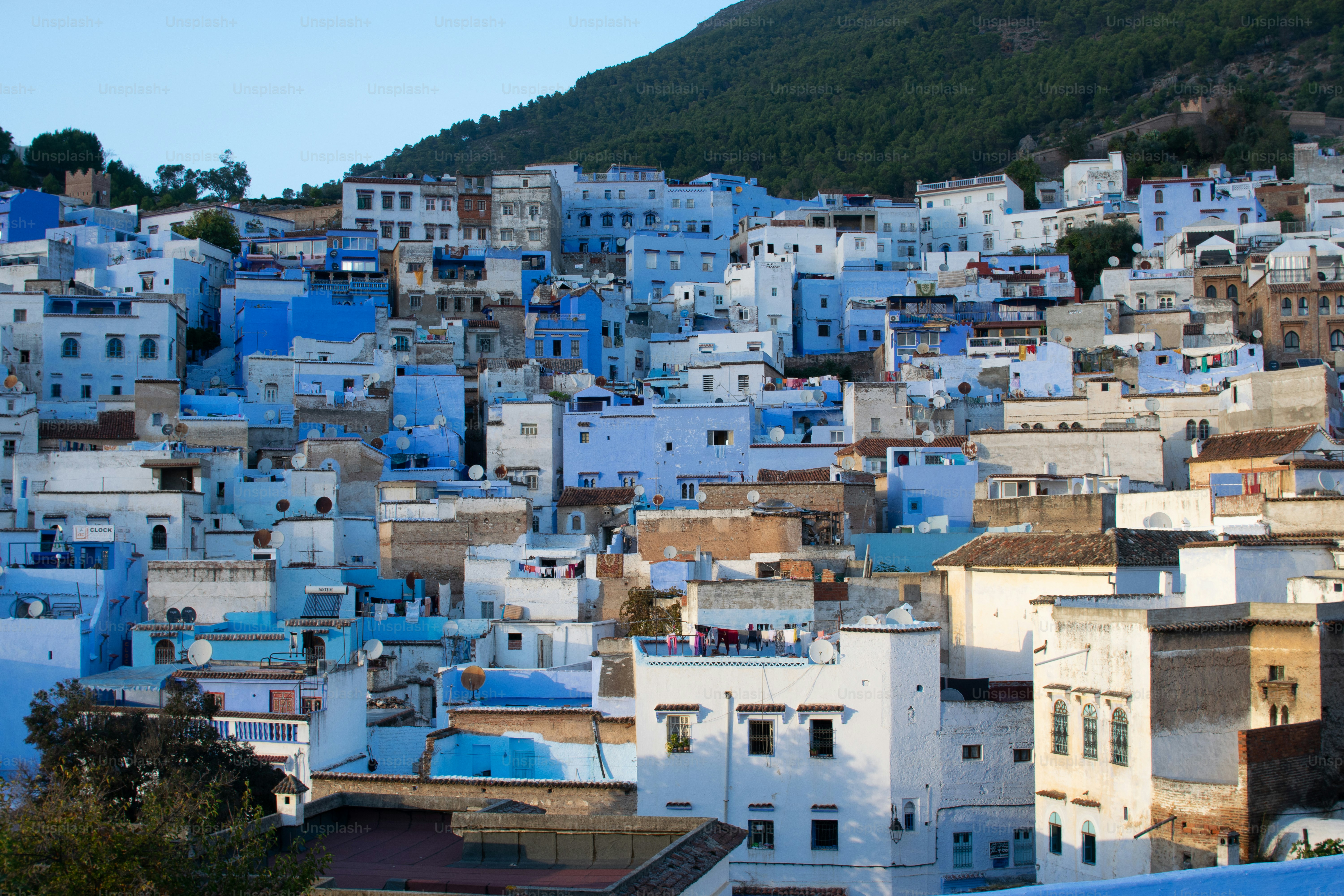 An aerial view of the city of Chefchaouen in Morocco during daylight