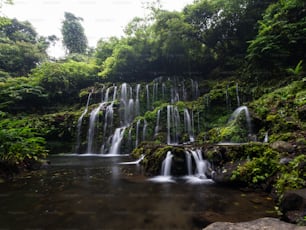 A scenic view of the Banyu Wana Amertha Waterfall in Bali, Indonesia