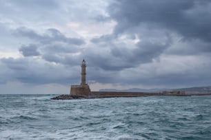 The lighthouse of Chania on a stormy day in Crete, Greece