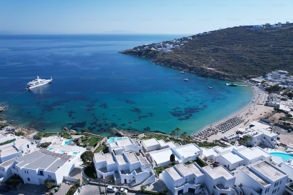 An aerial view of the stunningly picturesque Greek island of Mykonos.