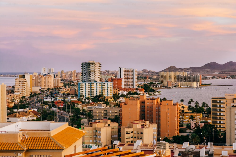 A beautiful view of Mar Menor sea and the Mediterranean Sea at sunset in San Javier, Murcia, Spain