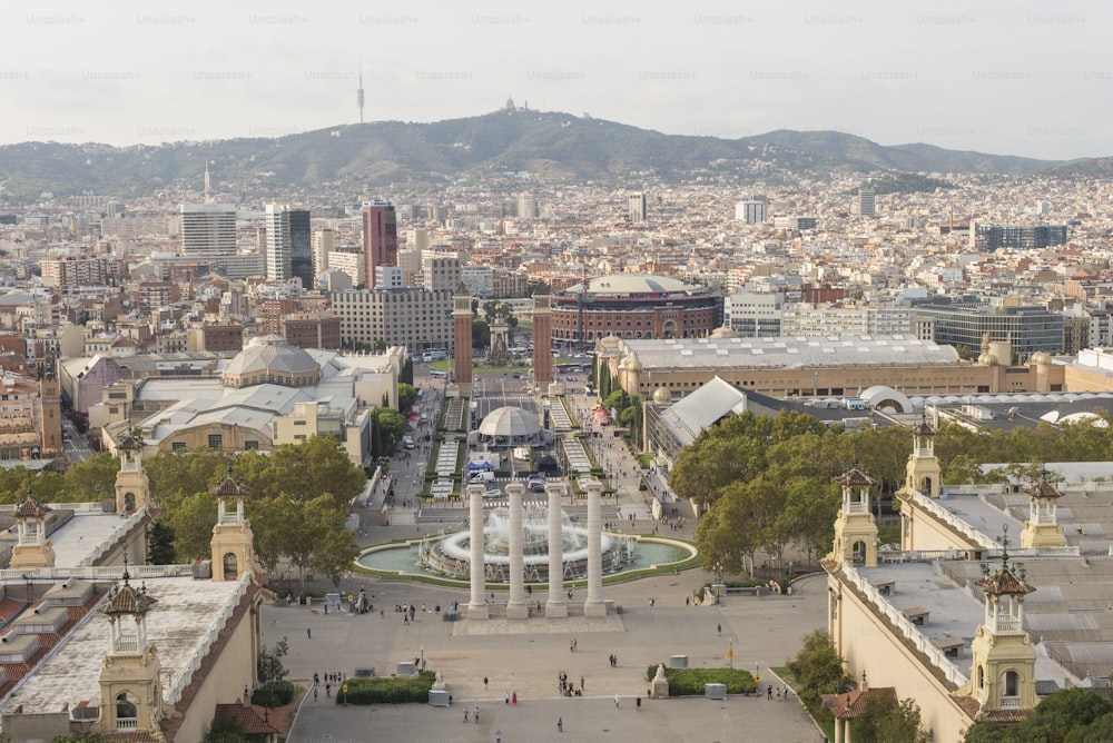 An aerial shot of Plaza de Espana in Barcelona, Spain