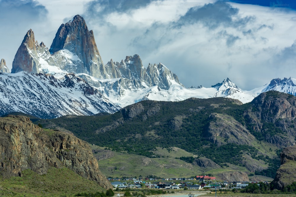 A stunning view of Cerro Fitz Roy above the town of El Chalten in Santa Cruz, Argentina