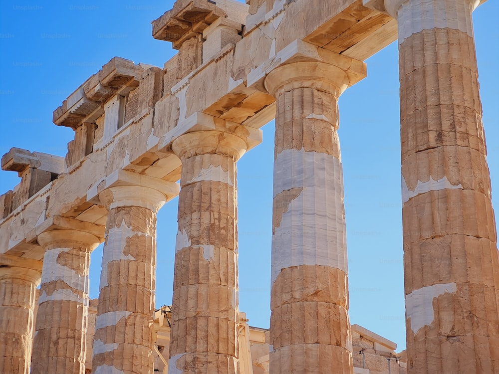 A close-up of the colonnade of the iconic Parthenon in the historic Greek city of Athens