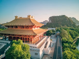 An aerial view of the Chinese-style palace buildings Confucius Temple in Liuzhou, Guangxi, China