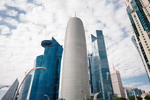 A low angle of modern skyscrapers in Doha, Qatar