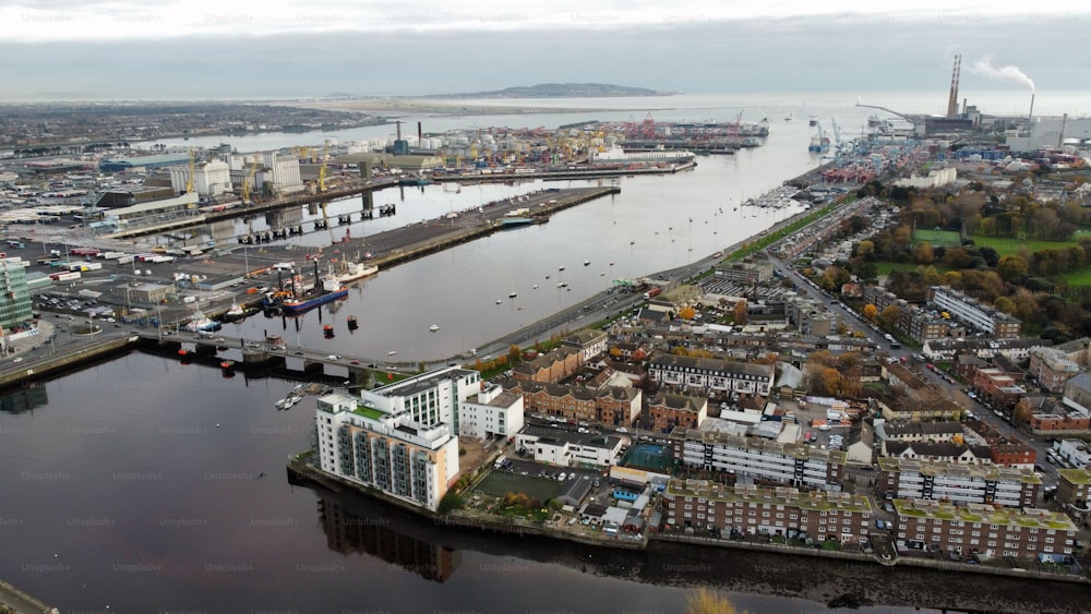 An aerial view of Dublin City with urban buildings and houses near Grand Canal