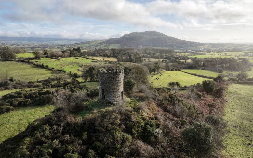 An aerial shot of the Jackson's Folly located in Forkhill, Armagh, Northern Ireland.