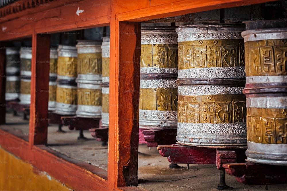 Buddhist prayer wheels in Hemis gompa (Tibetan buddhist monstery). Ladakh, India