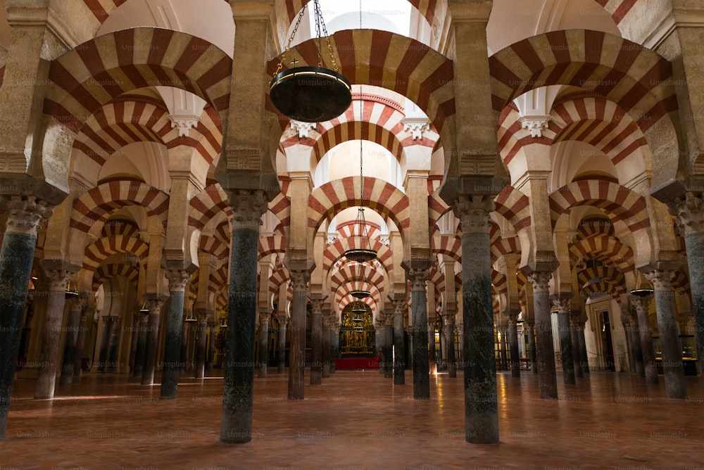 Vista interna delle colonne e dei doppi archi decorati della Cattedrale della Mezquita (Cattedrale della Moschea) di Córdoba, Spagna.