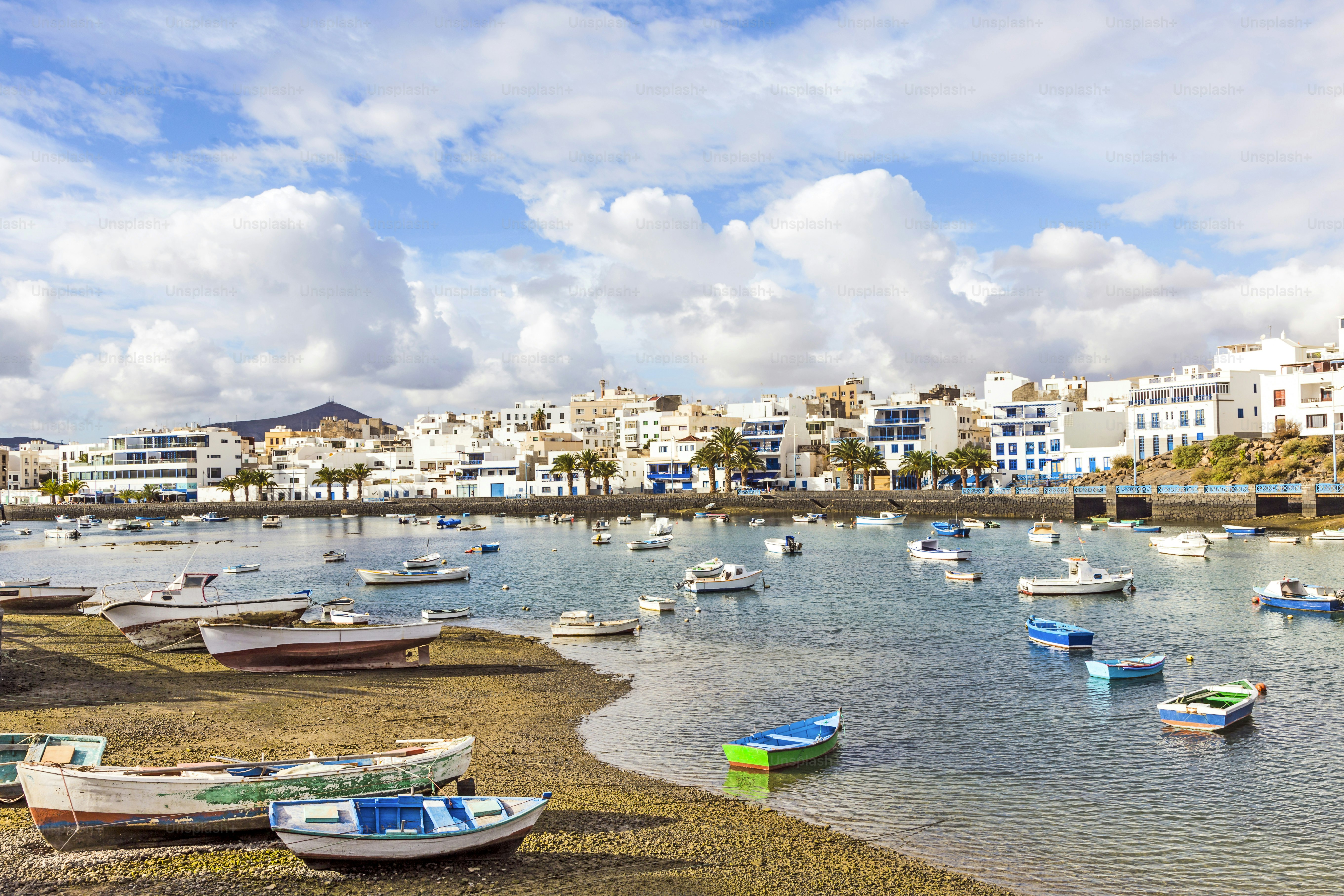 Arrecife in Lanzarote Charco de San Gines boats in Canary Islands
