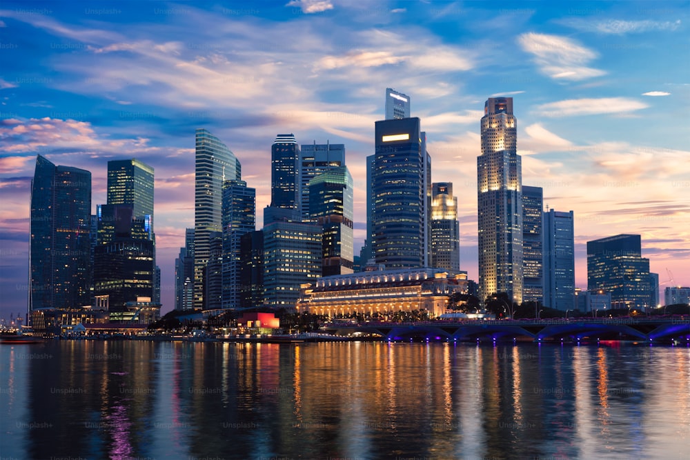 Singapore skyline and Marina Bay in evening