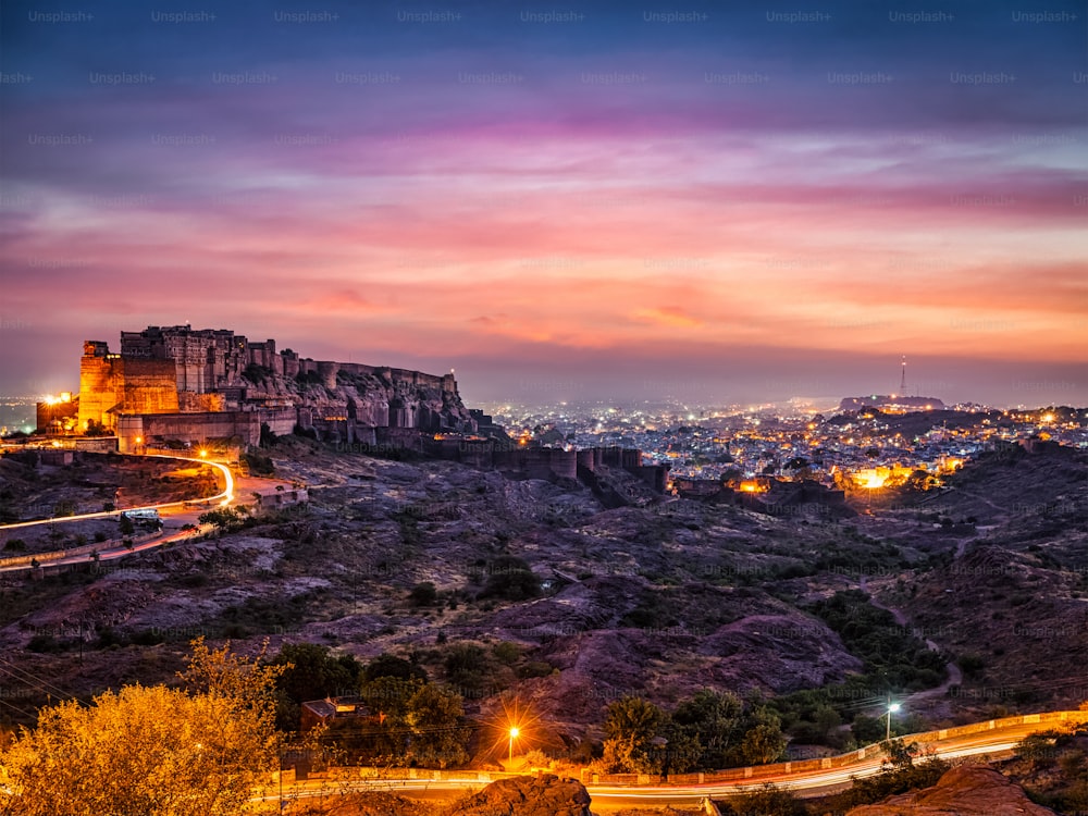Famous indian tourist landmark Mehrangarh fort in twilight. Jodhpur, Rajasthan, India