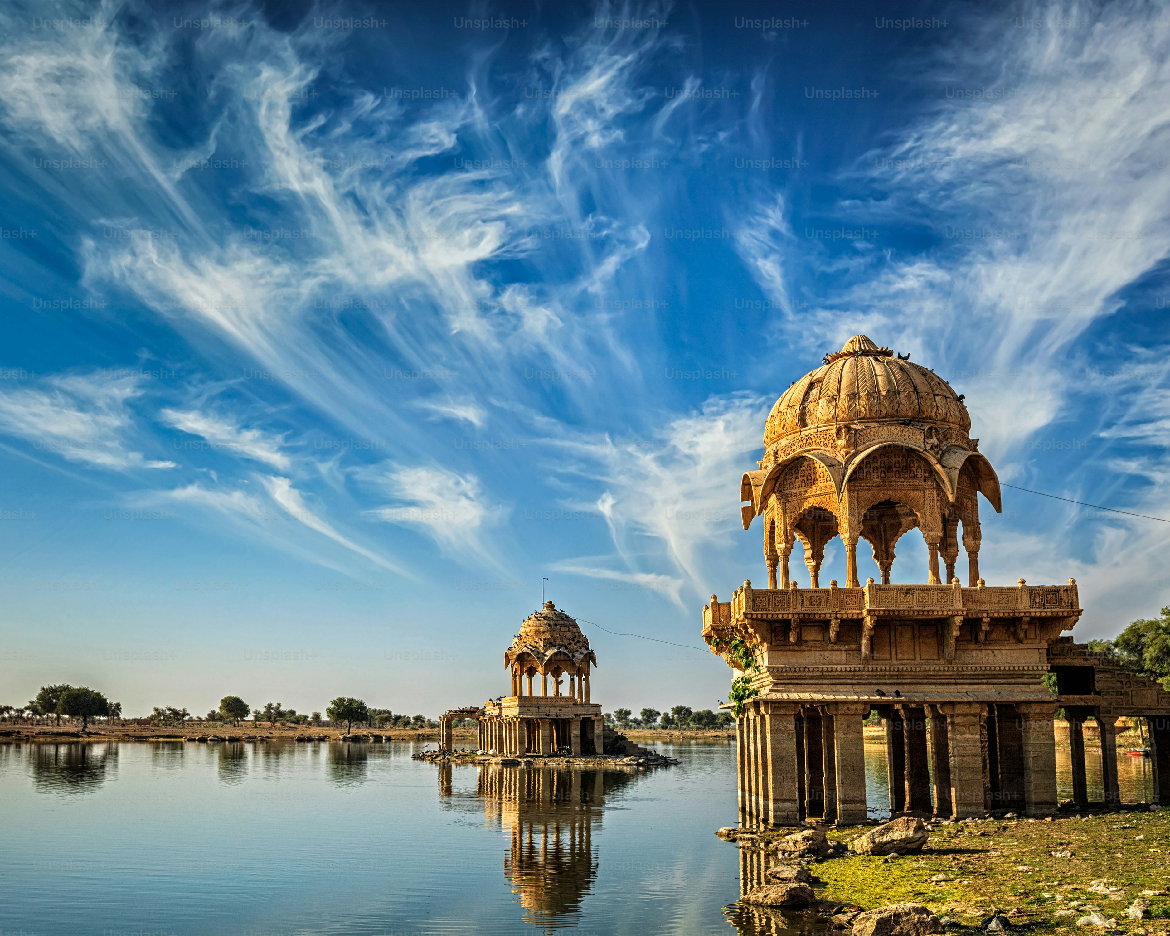 Indian landmark Gadi Sagar - artificial lake. Jaisalmer, Rajasthan, India