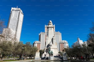 Wide angle view of Plaza de España and the surrounding historic buildings on a sunny winter morning, with the statue commemorating Cervantes in the foreground.