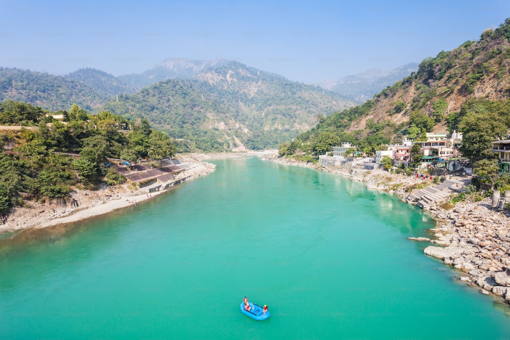 Rishikesh aerial view, India. It is known as the Gateway to the Garhwal Himalayas and the Yoga Capital of the World.
