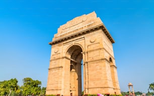 O Portão da Índia, um importante memorial de guerra em Nova Delhi, Índia
