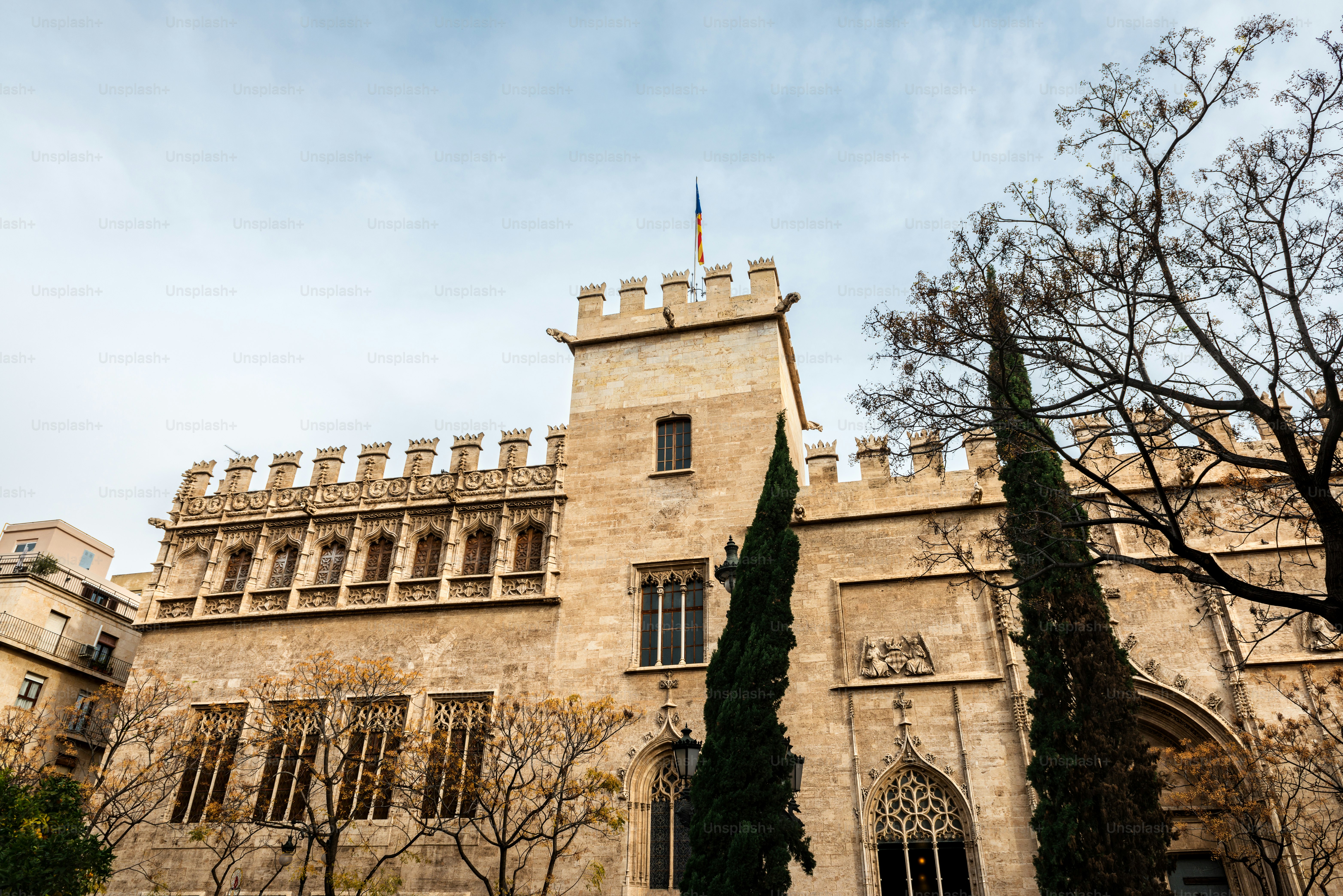 Side view of the Silk Exchange building (Llotja de la Seda) in central Valencia, Spain, a Valencian gothic-style civil building built between 1482 and 1548.