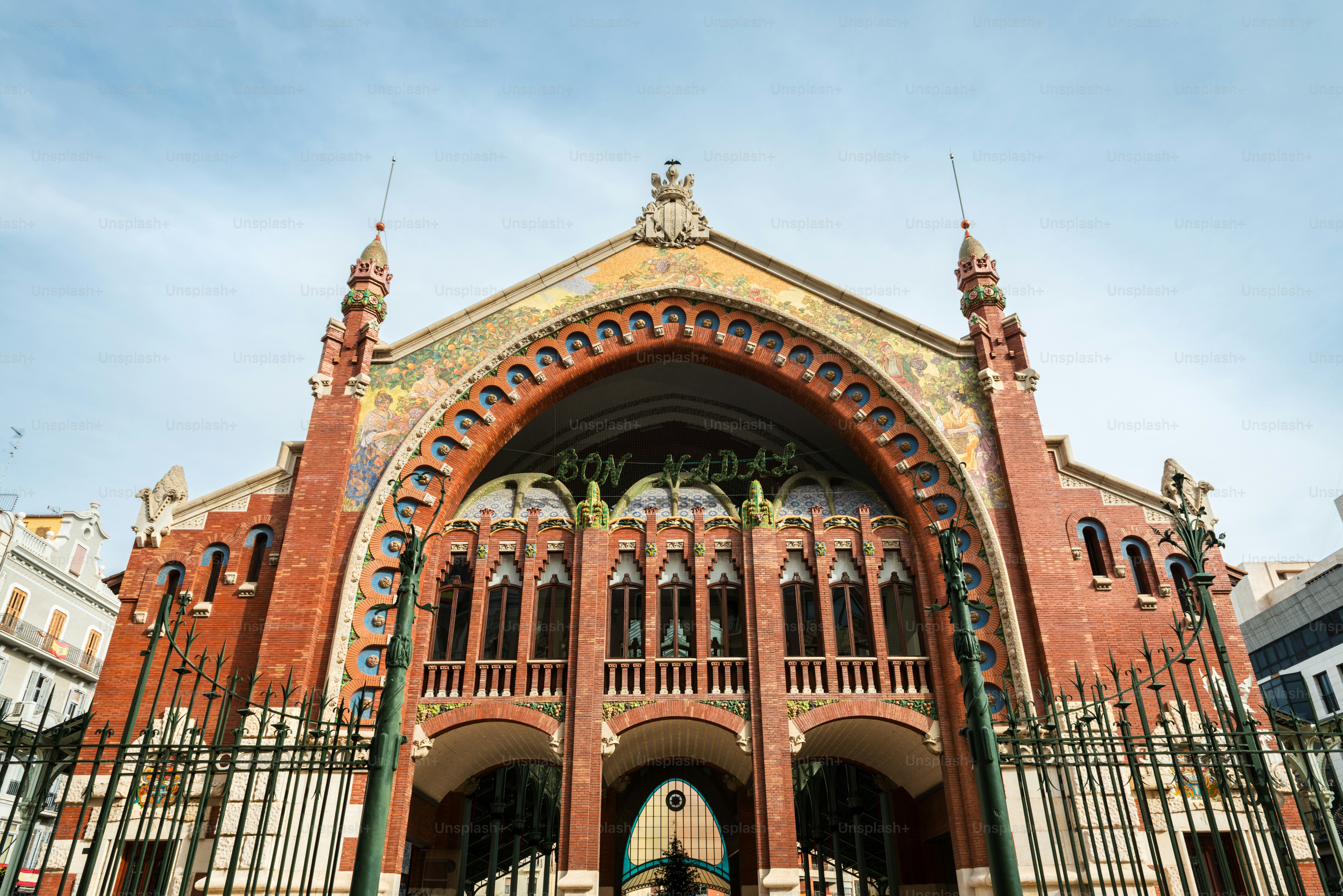 Front facade of the Modernist Columbus Market (Mercado de Colon), a public market in Valencia, Spain, build between 1914 and 1916.