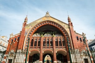 Front facade of the Modernist Columbus Market (Mercado de Colon), a public market in Valencia, Spain, build between 1914 and 1916.