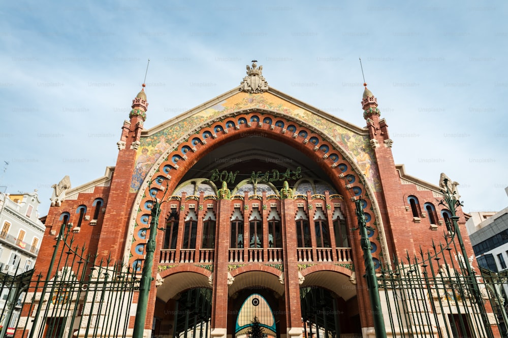 Front facade of the Modernist Columbus Market (Mercado de Colon), a public market in Valencia, Spain, build between 1914 and 1916.