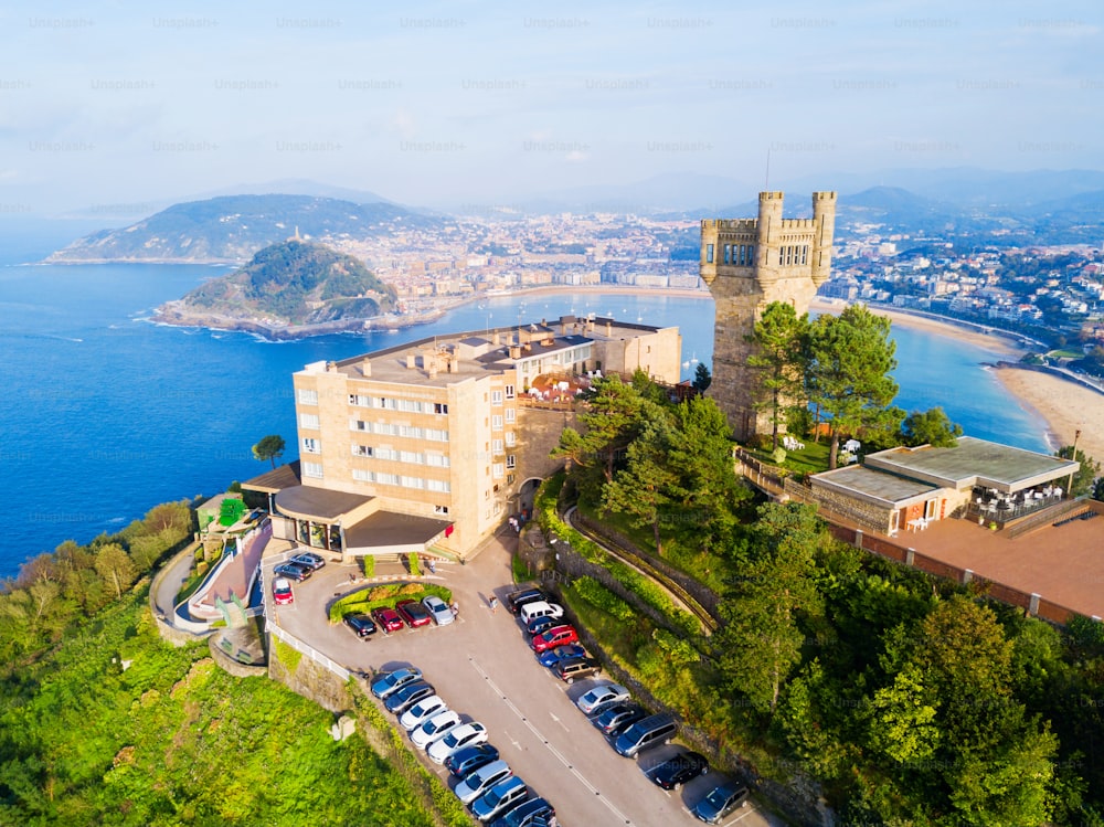 Monte Igueldo Tower, viewpoint and Amusement Park on the Monte Igueldo mountain in San Sebastian or Donostia city in Spain