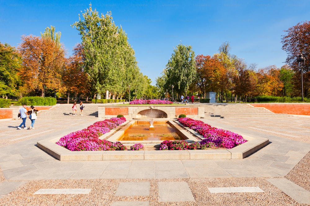 The Buen Retiro Park is one of the largest parks of the city of Madrid, Spain. Madrid is the capital of Spain.