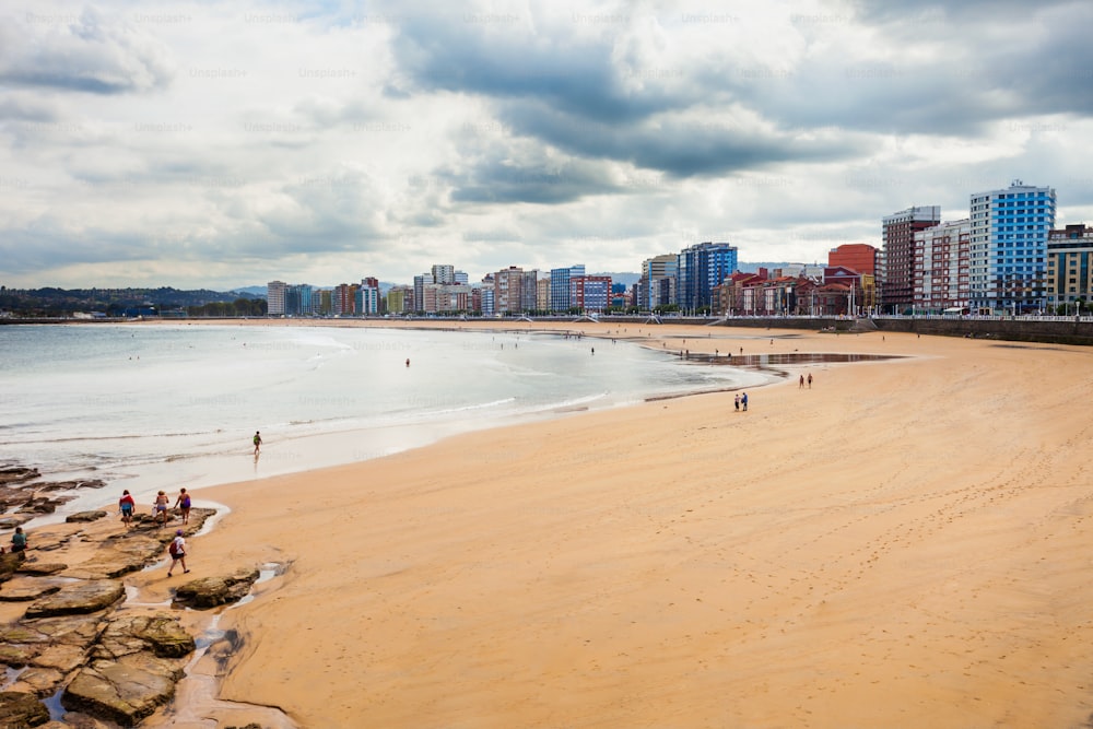 Gijon beach aerial view in the centre of Gijon city in Asturias, Spain