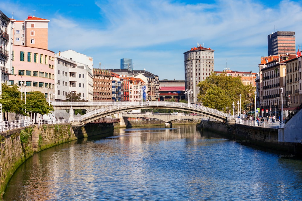 Nervion River embankment in the centre of Bilbao, largest city in the Basque Country in northern Spain