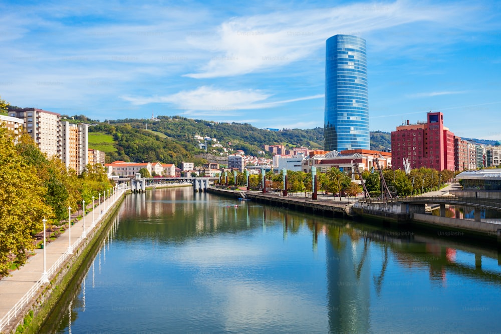 Nervion River embankment in the centre of Bilbao, largest city in the Basque Country in northern Spain