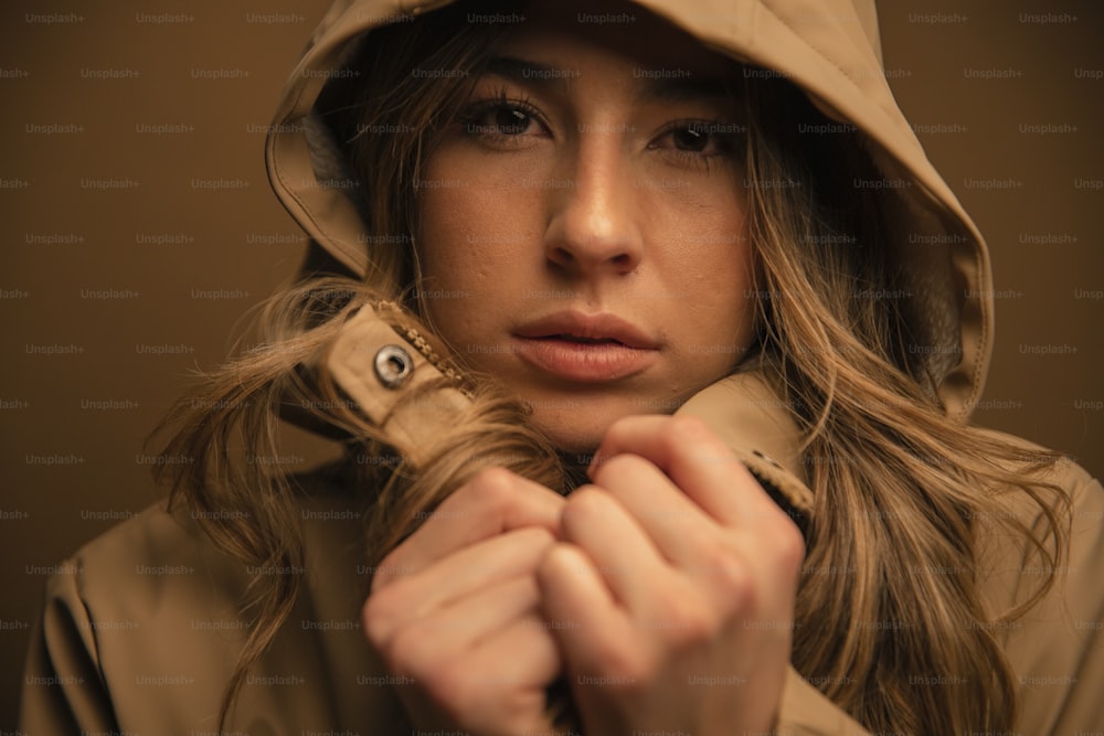 a woman in a trench coat holding onto her jacket